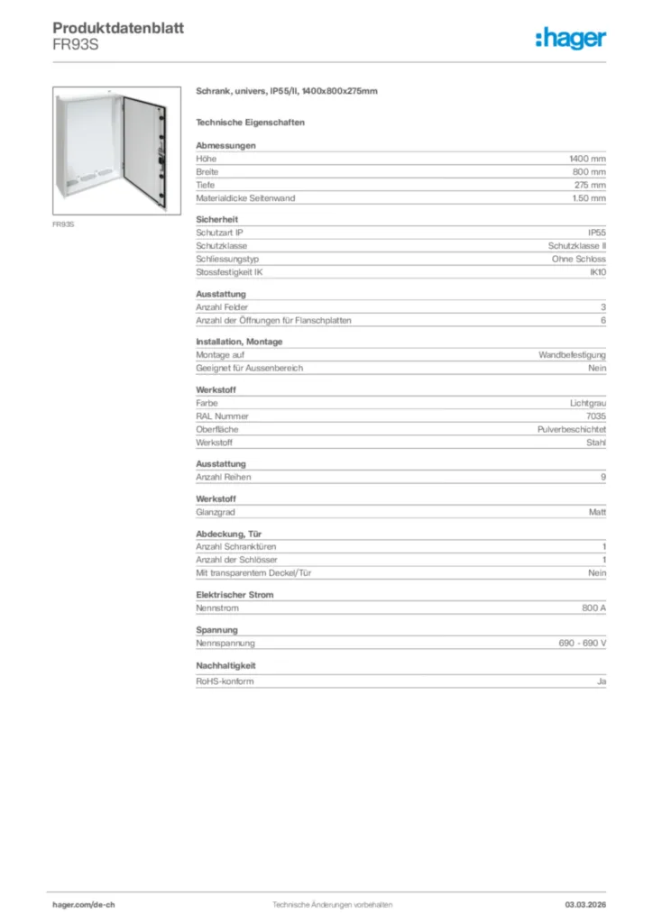 Bild Hager Produktdatenblatt FR93S | Hager Schweiz
