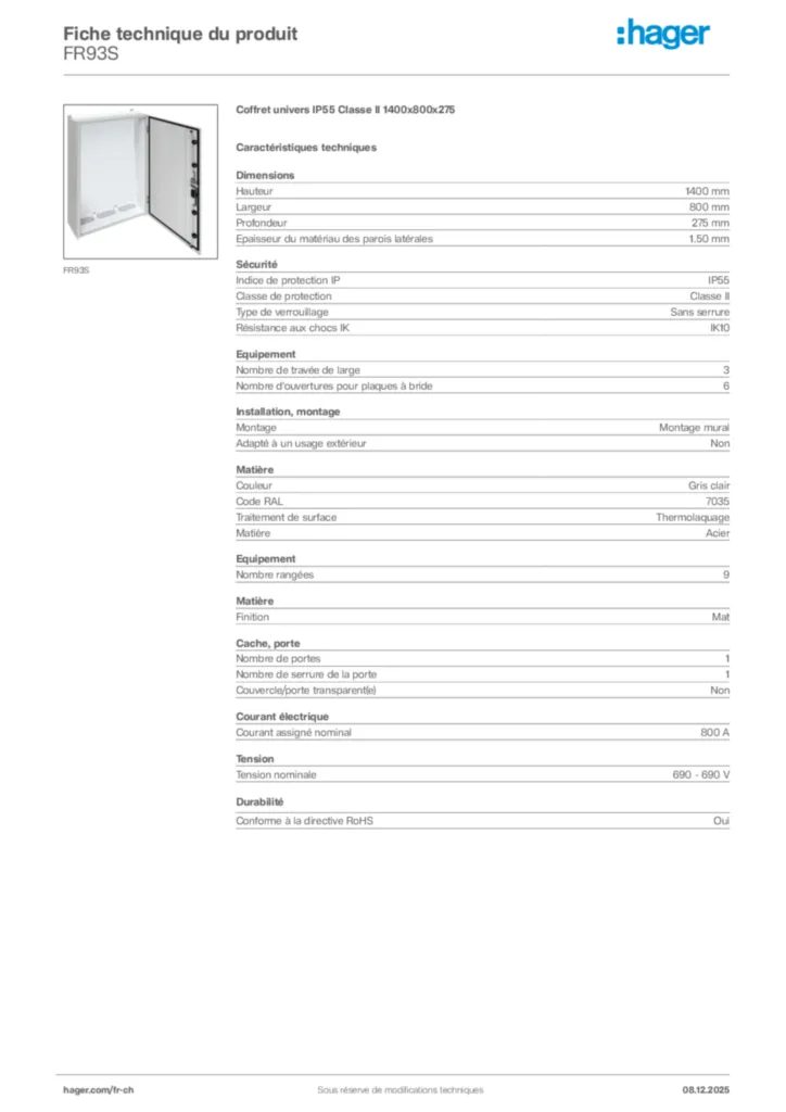 Image Hager Fiche technique du produit FR93S | Hager Suisse