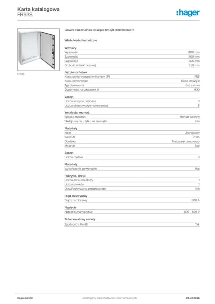 Zdjęcie Hager Karta katalogowa FR93S | Hager Polska