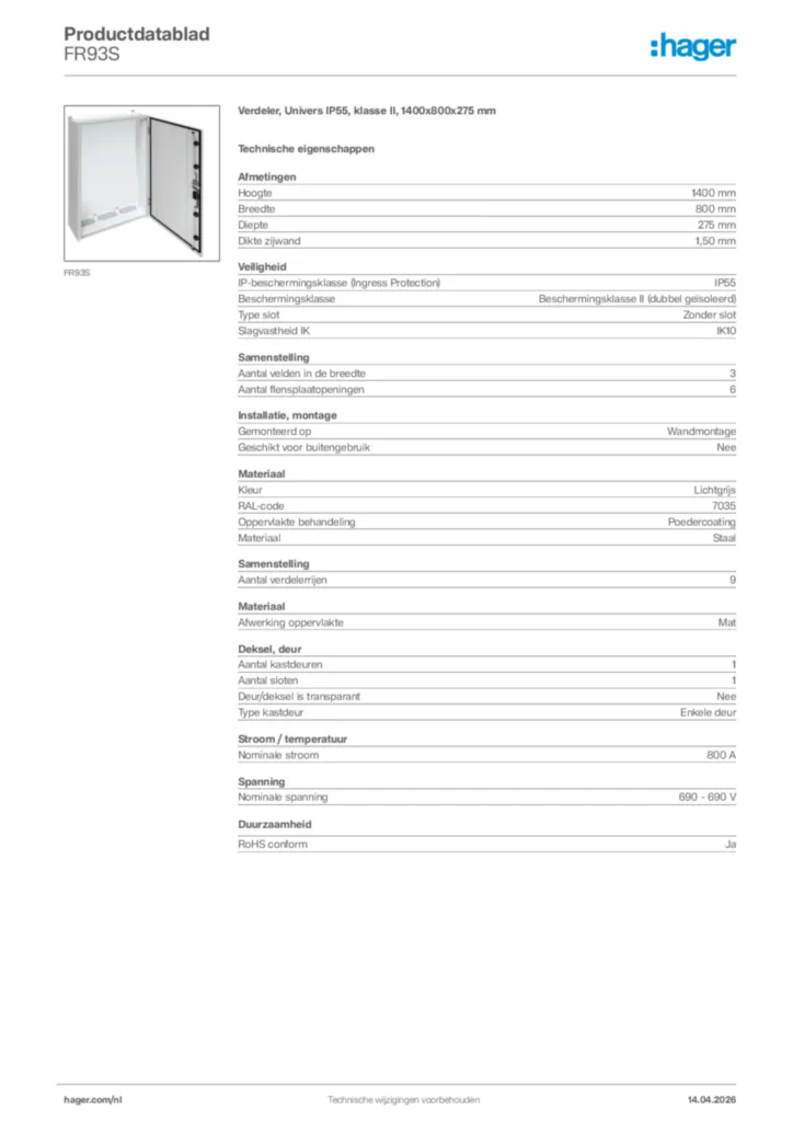 Afbeelding Hager Productdatablad FR93S | Hager Nederland