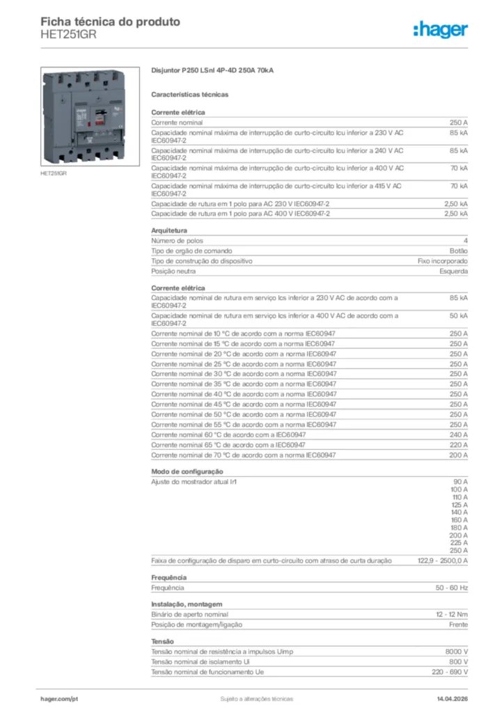 Imagem Hager Ficha técnica do produto HET251GR | Hager Portugal