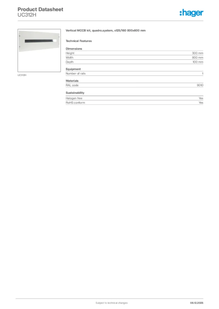 Image Hager Product data sheet UC312H  | Hager Africa
