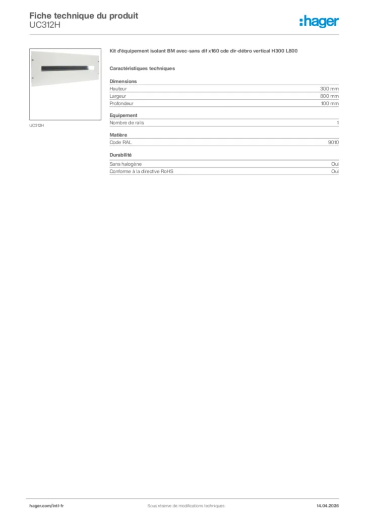 Image Hager Fiche technique du produit UC312H | Hager Afrique