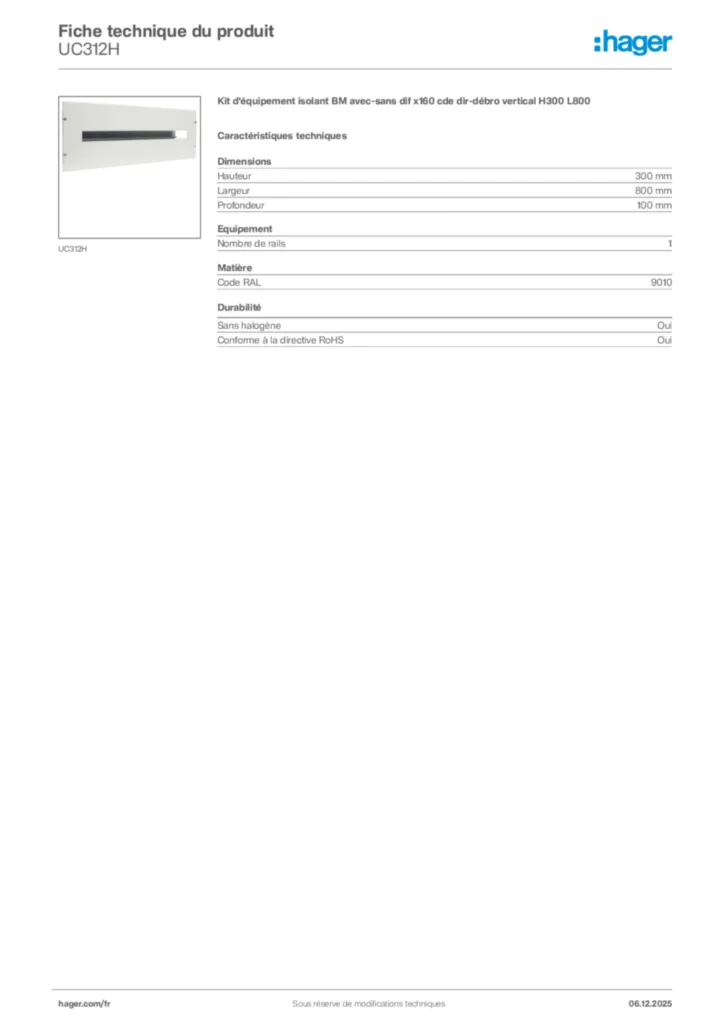 Image Hager Fiche technique du produit UC312H | Hager France