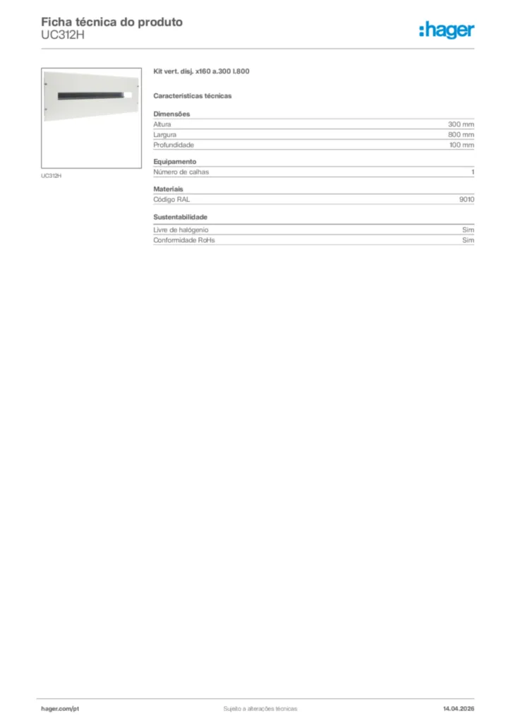 Imagem Hager Ficha técnica do produto UC312H | Hager Portugal