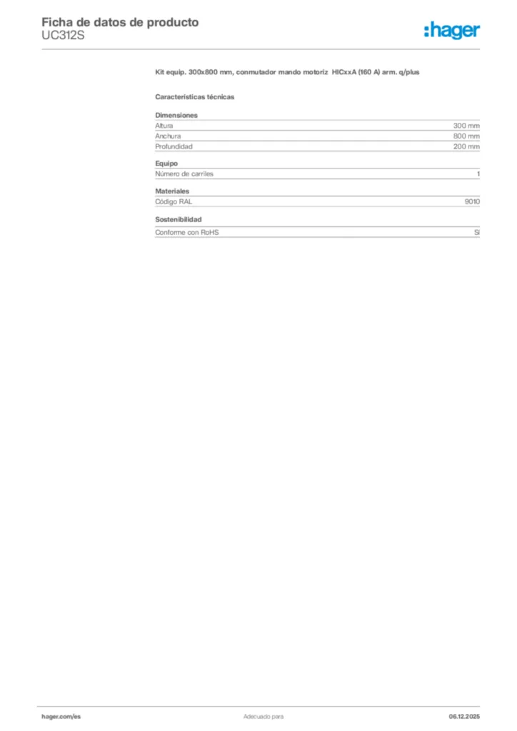 Imagen Hager Ficha de datos de producto UC312S | Hager España