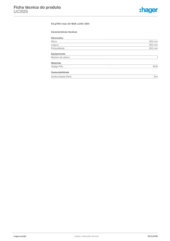 Imagem Hager Ficha técnica do produto UC312S | Hager Portugal