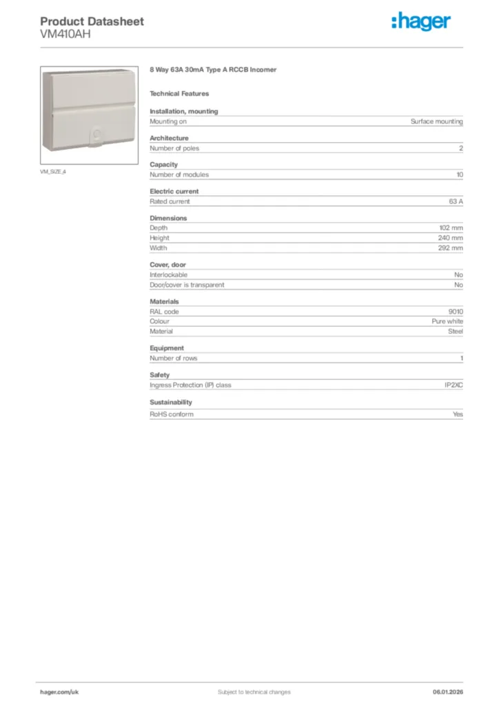 Image Hager Product data sheet VM410AH  | Hager