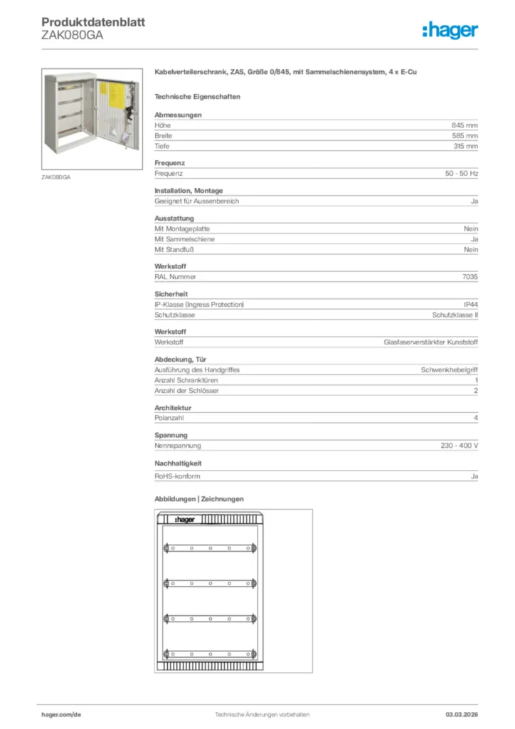 Bild Hager Produktdatenblatt ZAK080GA | Hager Deutschland