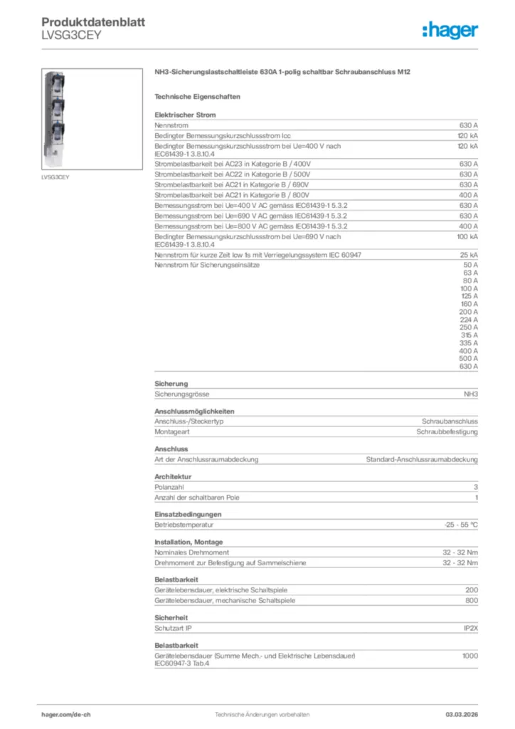 Bild Hager Produktdatenblatt LVSG3CEY | Hager Schweiz