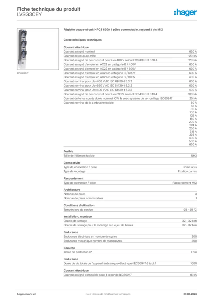 Image Hager Fiche technique du produit LVSG3CEY | Hager Suisse