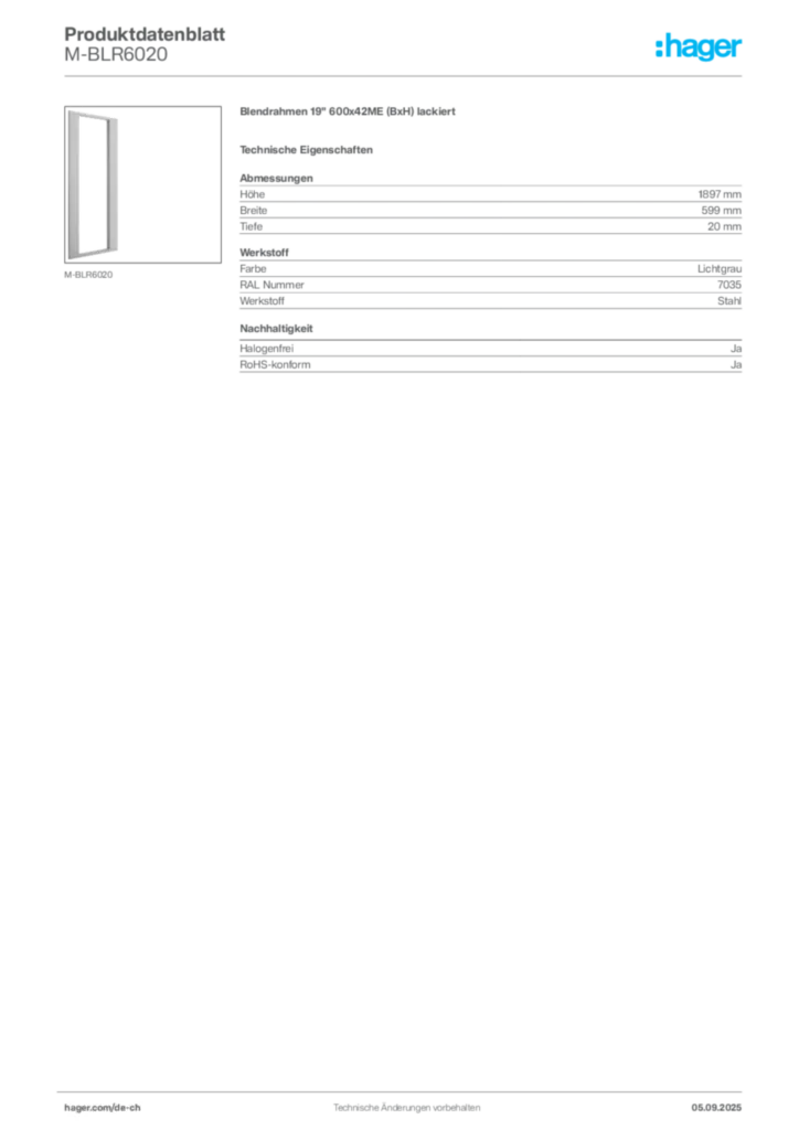 Bild Hager Produktdatenblatt M-BLR6020 | Hager Schweiz