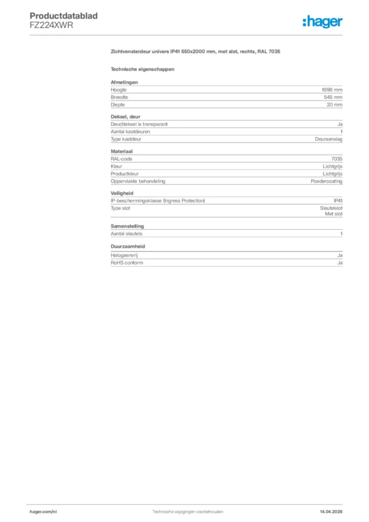 Afbeelding Hager Productdatablad FZ224XWR | Hager Nederland