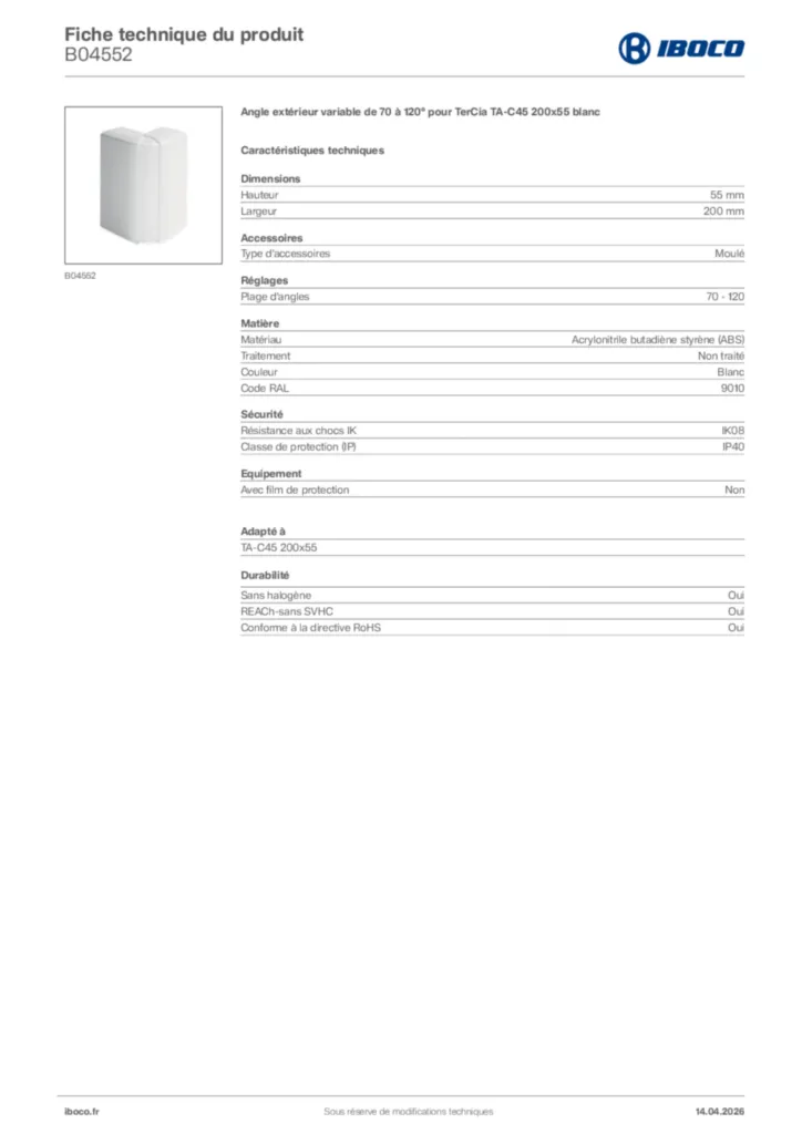 Image Iboco Fiche technique du produit B04552 | Hager France
