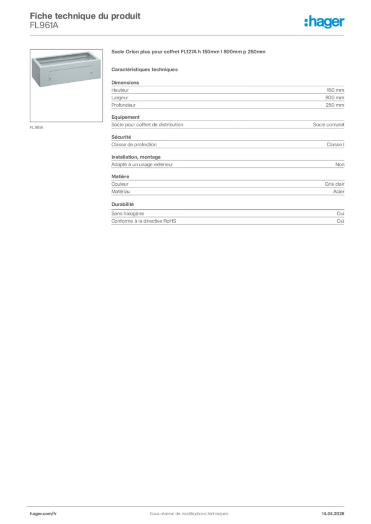 Image Hager Fiche technique du produit FL961A | Hager France