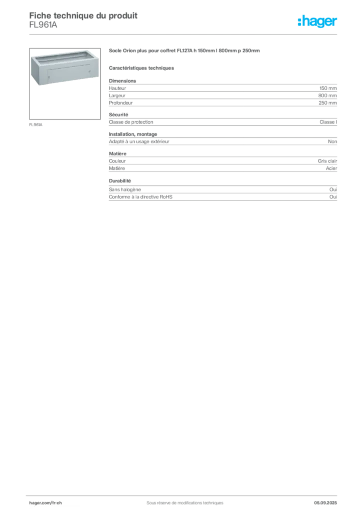 Image Hager Fiche technique du produit FL961A | Hager Suisse