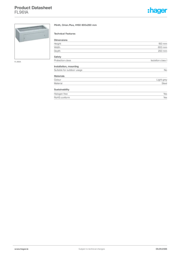 Image Hager Product data sheet FL961A  | Hager