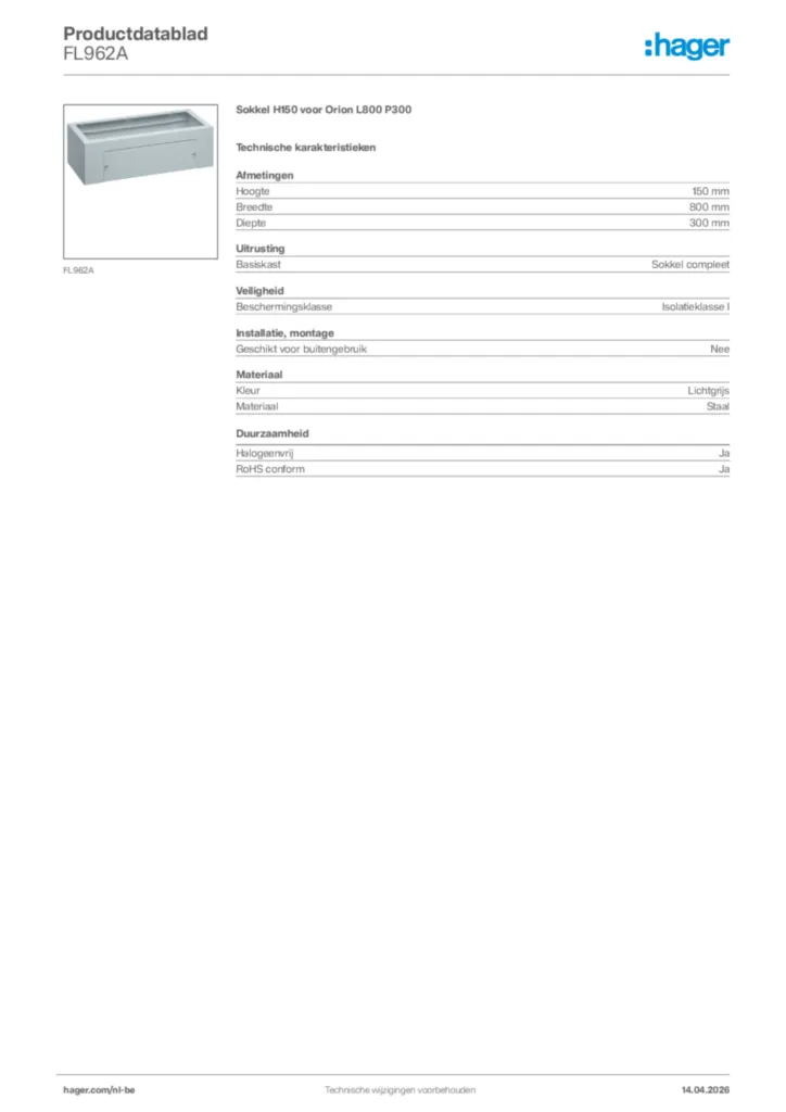 Afbeelding Hager Productdatablad FL962A | Hager Belgium