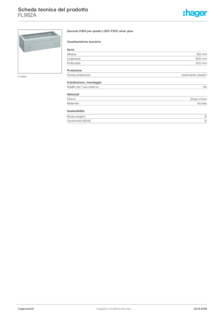 Immagine Hager Scheda tecnica del prodotto FL962A | Hager Italia