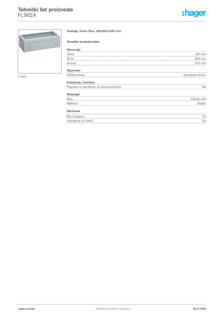 Slika Hager Product data sheet FL962A  | Hager