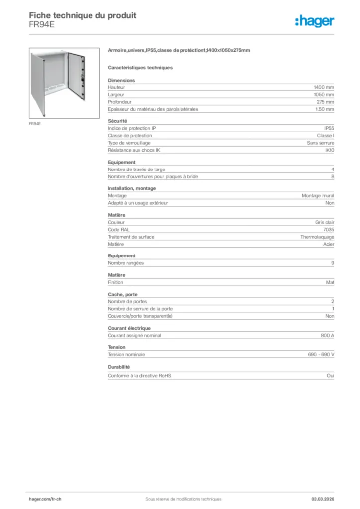 Image Hager Fiche technique du produit FR94E | Hager Suisse