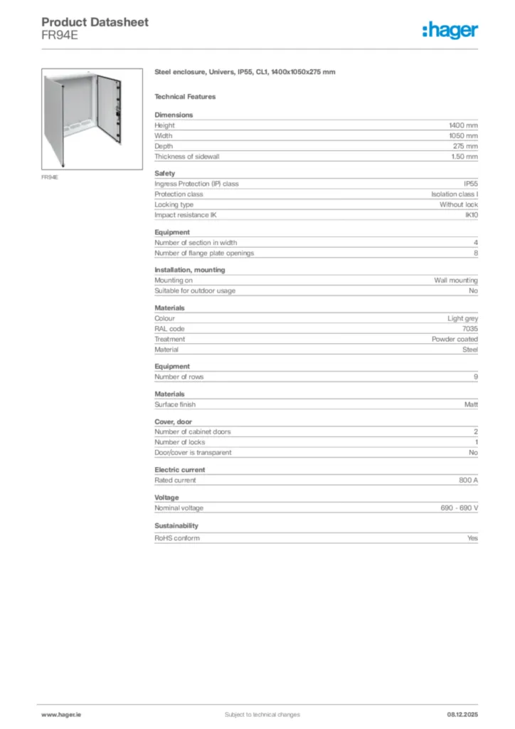 Image Hager Product data sheet FR94E  | Hager