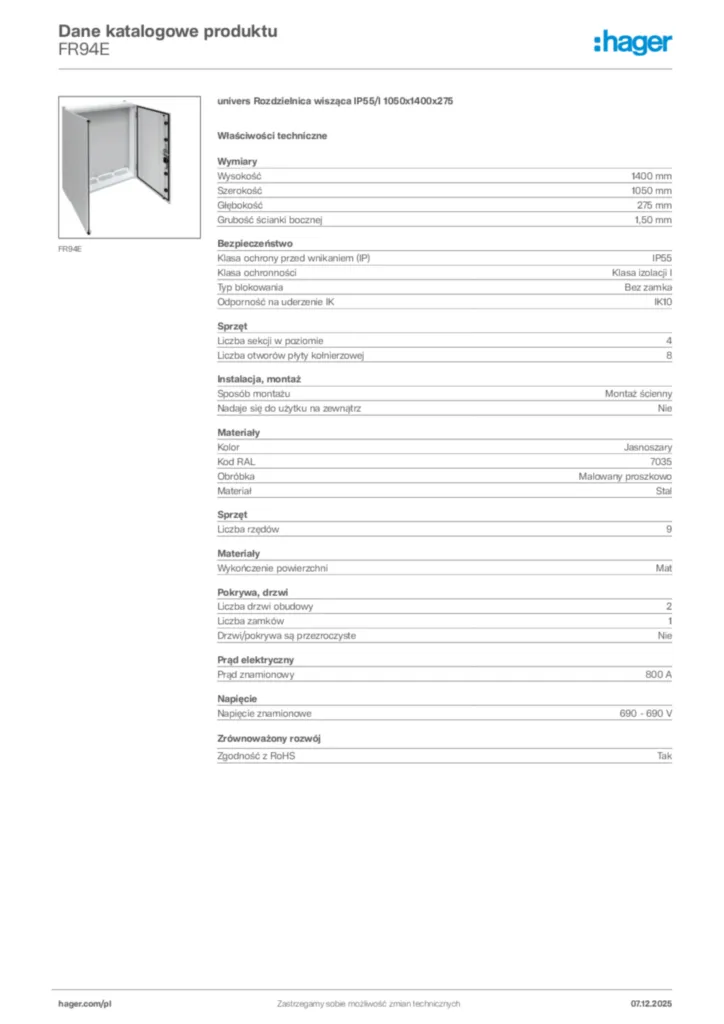Zdjęcie Hager Karta katalogowa FR94E | Hager Polska