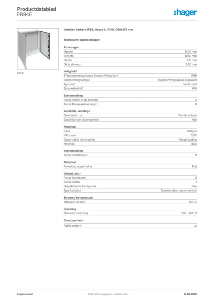 Afbeelding Hager Productdatablad FR94E | Hager Nederland