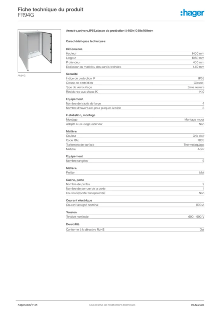 Image Hager Fiche technique du produit FR94G | Hager Suisse
