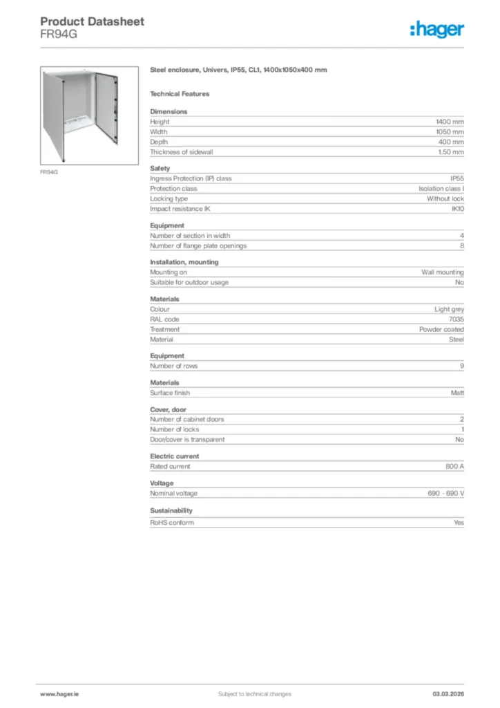 Image Hager Product data sheet FR94G  | Hager