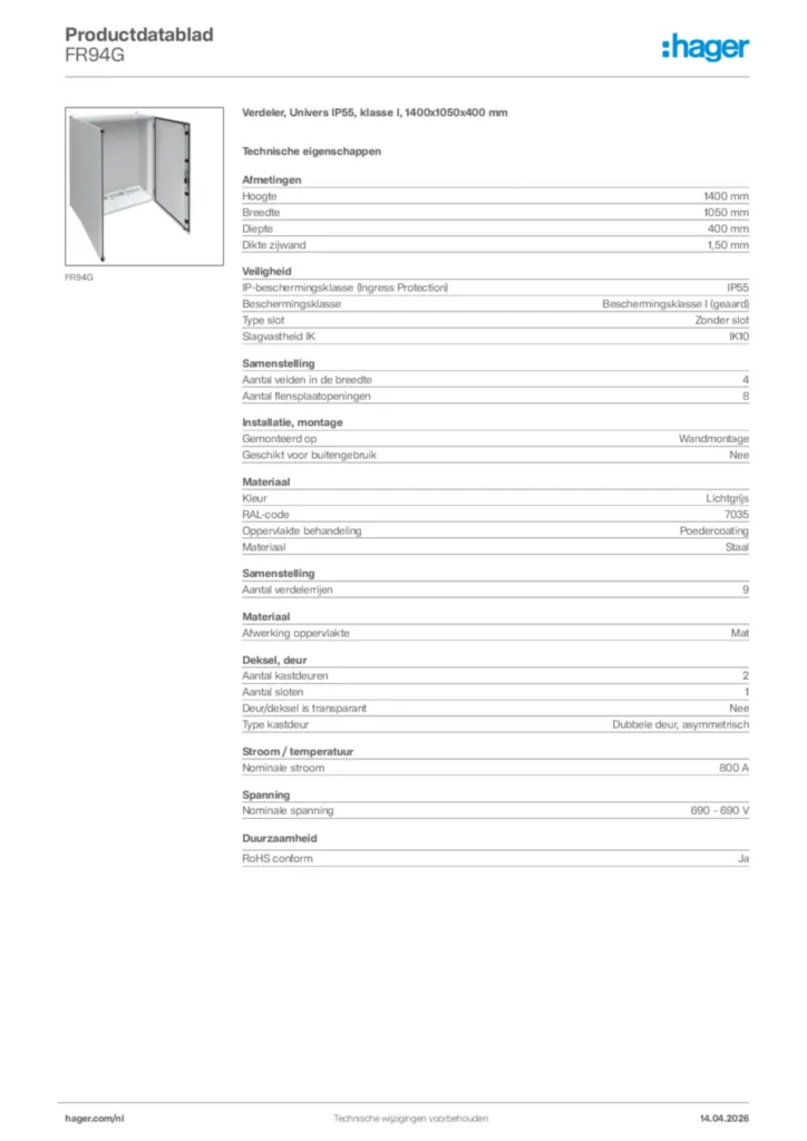 Afbeelding Hager Productdatablad FR94G | Hager Nederland