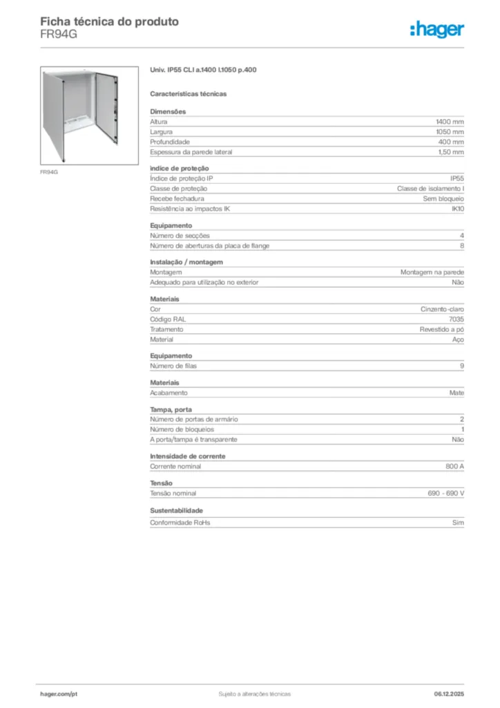 Imagem Hager Ficha técnica do produto FR94G | Hager Portugal
