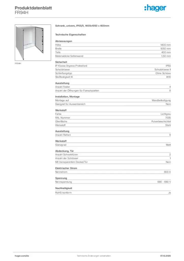 Hager Produktdatenblatt FR94H