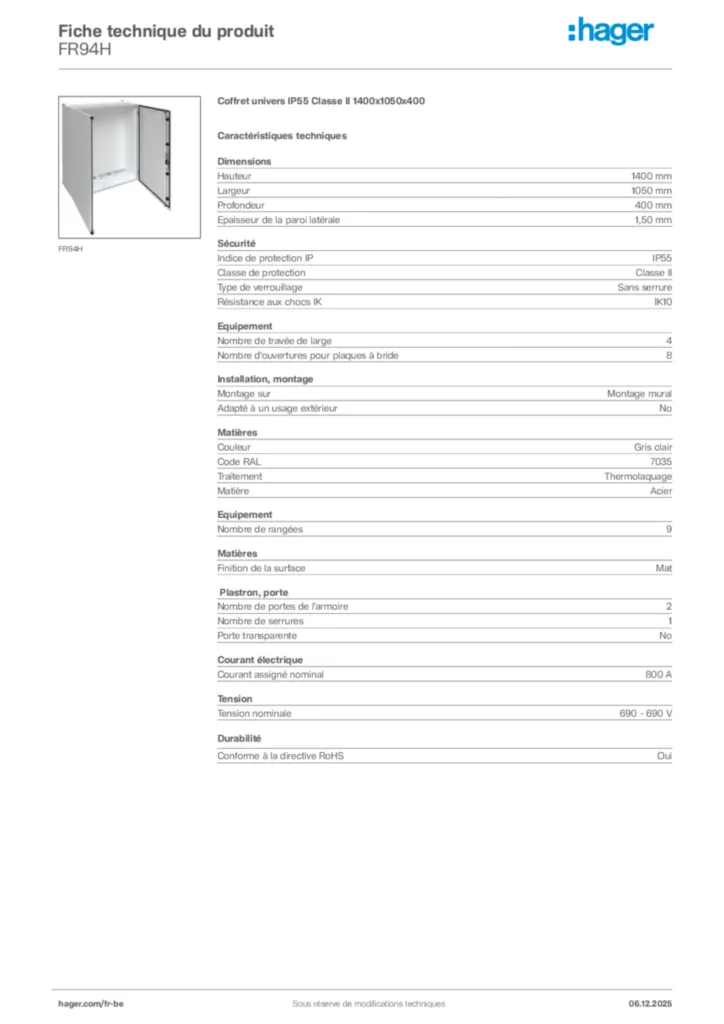 Image Hager Fiche technique du produit FR94H | Hager Belgique