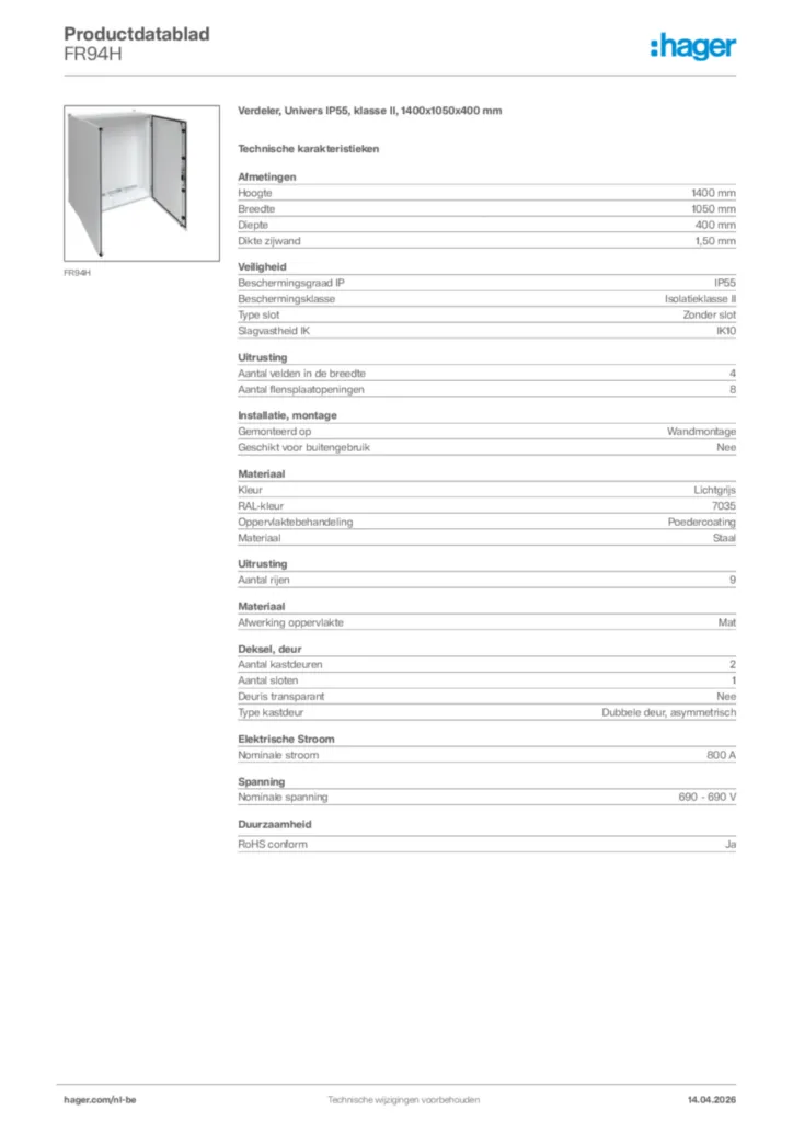 Afbeelding Hager Productdatablad FR94H | Hager Belgium