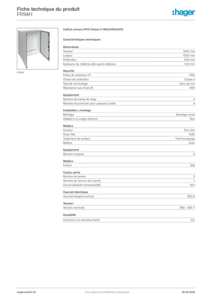 Image Hager Fiche technique du produit FR94H | Hager Suisse
