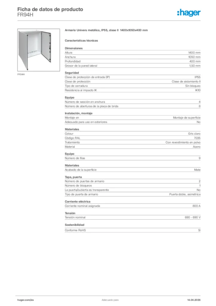 Imagen Hager Ficha de datos de producto FR94H | Hager España