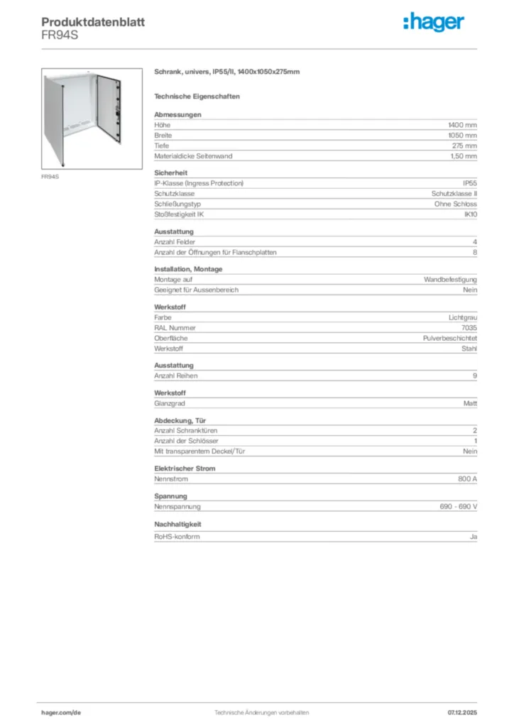 Hager Produktdatenblatt FR94S