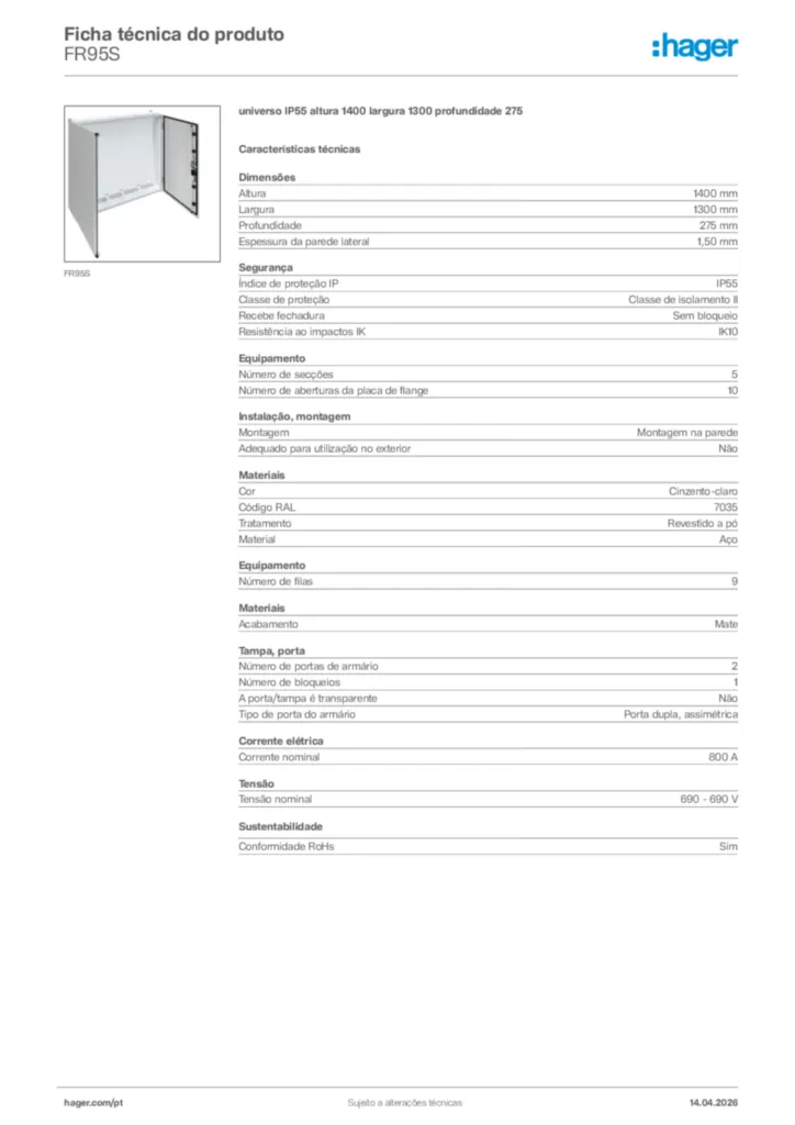Imagem Hager Ficha técnica do produto FR95S | Hager Portugal