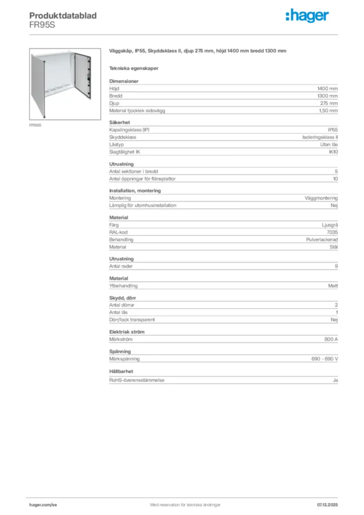 Bild Hager Produktdatablad FR95S | Hager Sverige
