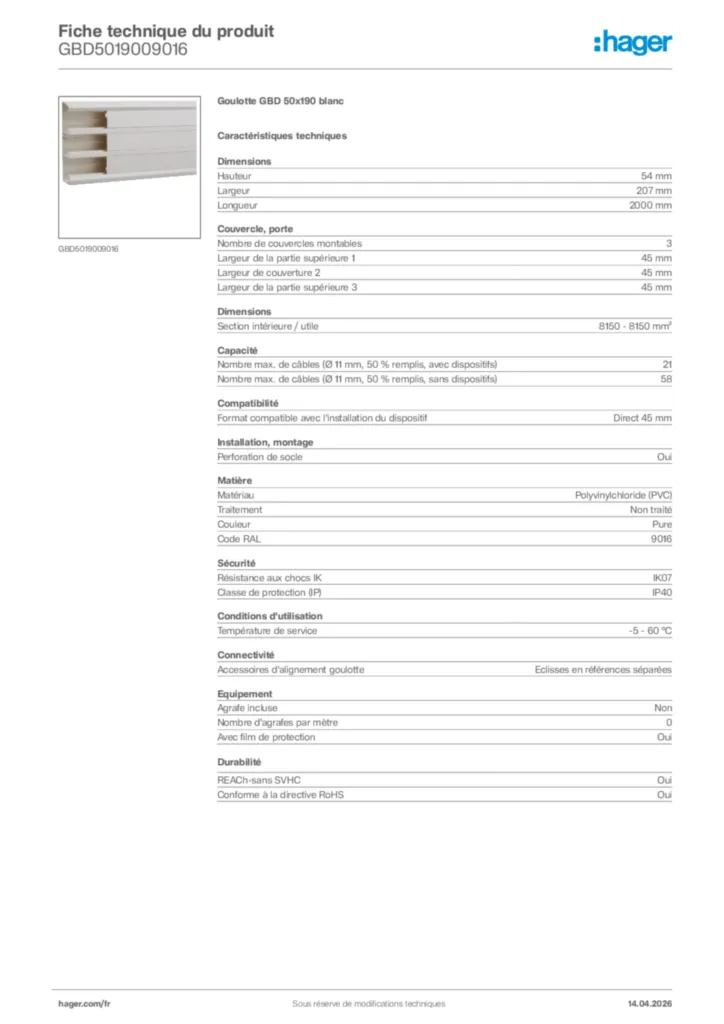Image Hager Fiche technique du produit GBD5019009016 | Hager France