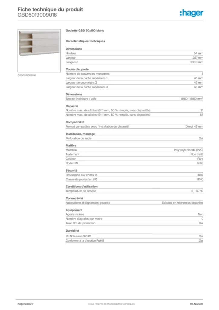 Image Hager Fiche technique du produit GBD5019009016 | Hager France