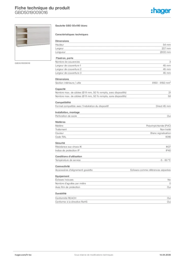 Image Hager Fiche technique du produit GBD5019009016 | Hager Belgique