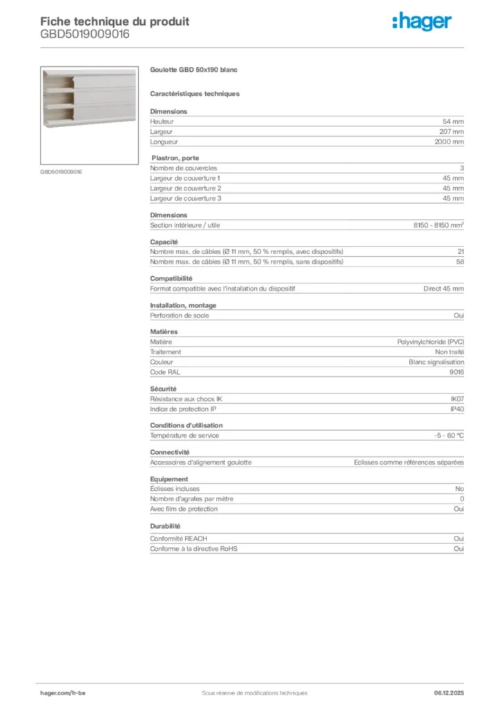 Image Hager Fiche technique du produit GBD5019009016 | Hager Belgique