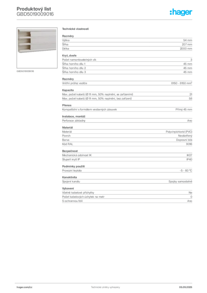 Obrázek Hager Produktový list GBD5019009016 | Hager