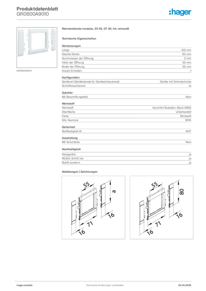 Bild Hager Produktdatenblatt GR0800A9010 | Hager Deutschland