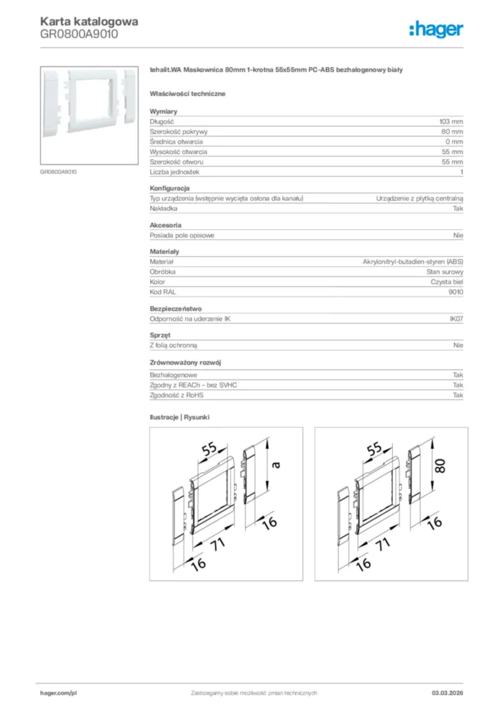 Zdjęcie Hager Karta katalogowa GR0800A9010 | Hager Polska