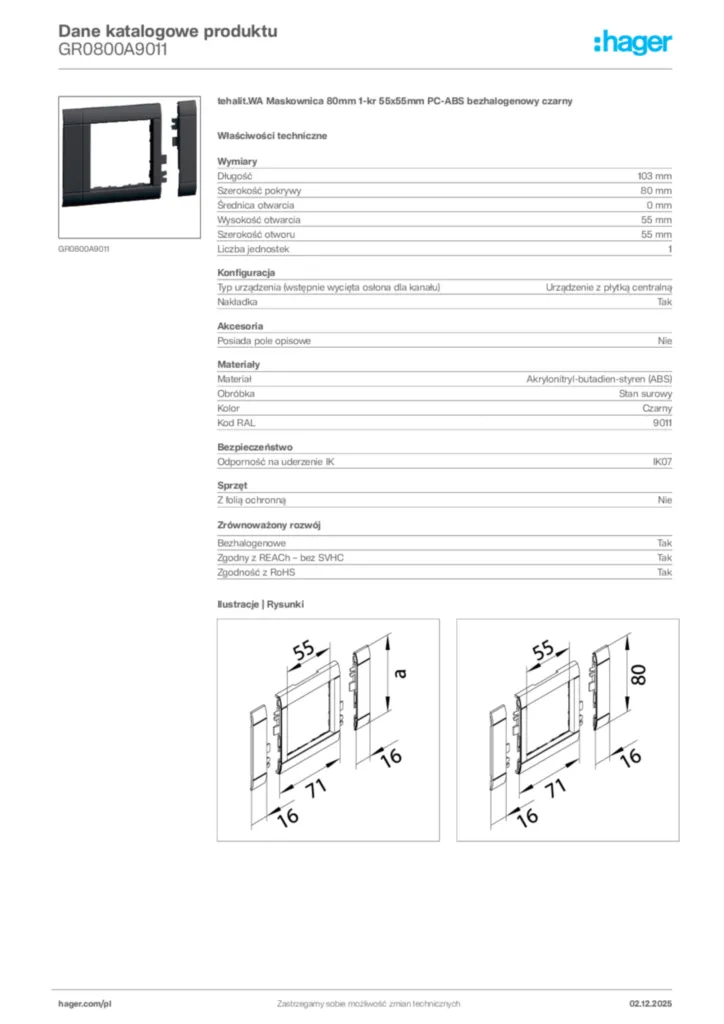Zdjęcie Hager Dane katalogowe produktu GR0800A9011 | Hager Polska