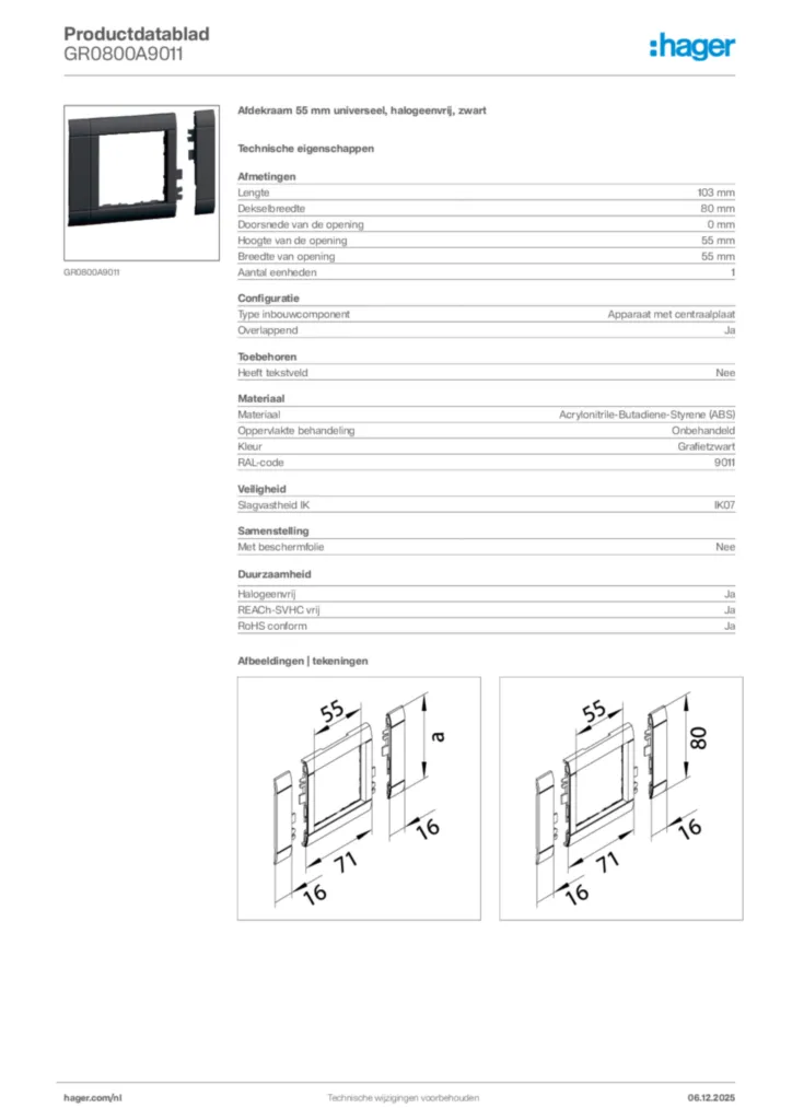 Afbeelding Hager Productdatablad GR0800A9011 | Hager Nederland