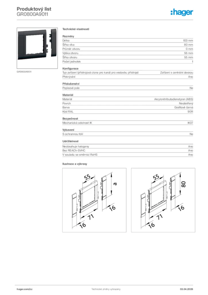 Obrázek Hager Product data sheet GR0800A9011 | Hager